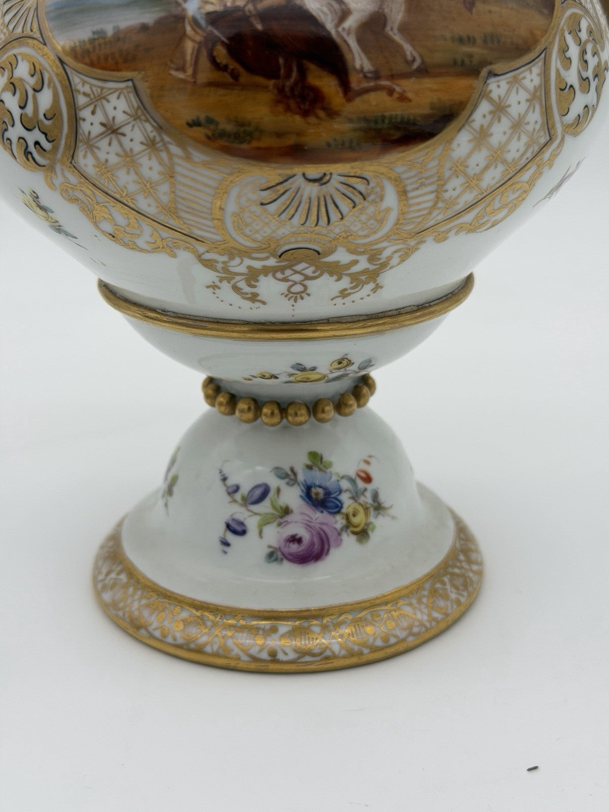 Antique Meissen Porcelain Amphora Double Handle Painted Horses Battle Vase 12”H