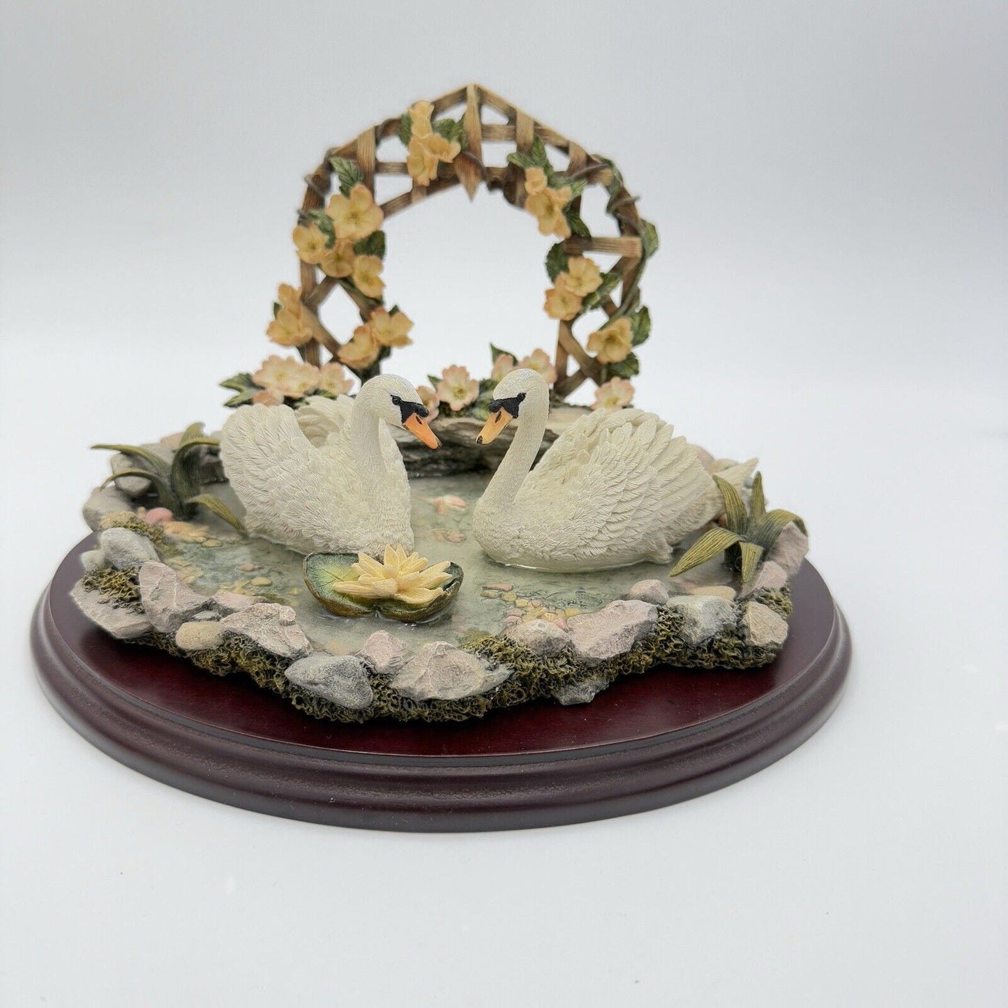 LENOX Rose Arbor Pond Swans sculpture Wood Base Figurine Resin