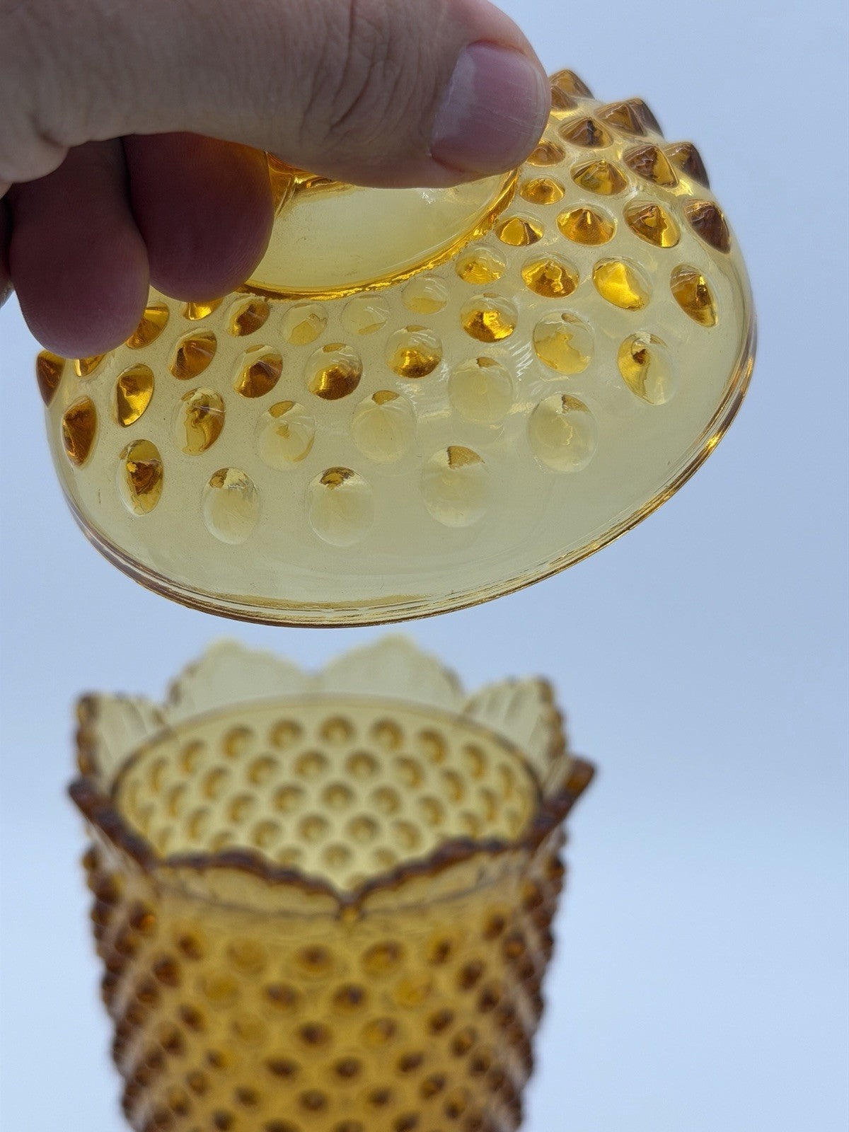 Fenton Art Glass Hobnail Colonial Amber Candy Dish With Lid 11”H Vintage USA