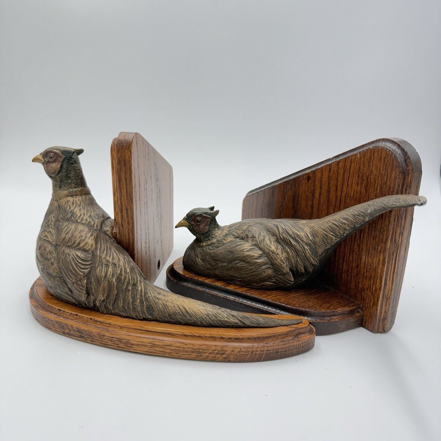 Rare Ducks Unlimited Bronze Tone Pheasant Rooster Book Ends Wood