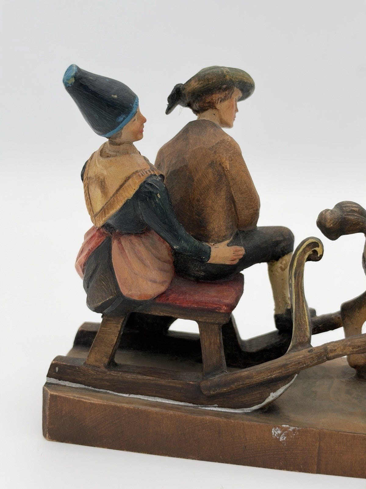 Antique folk art wood carving August Runggaldier Italy  farmers on horse sleigh
