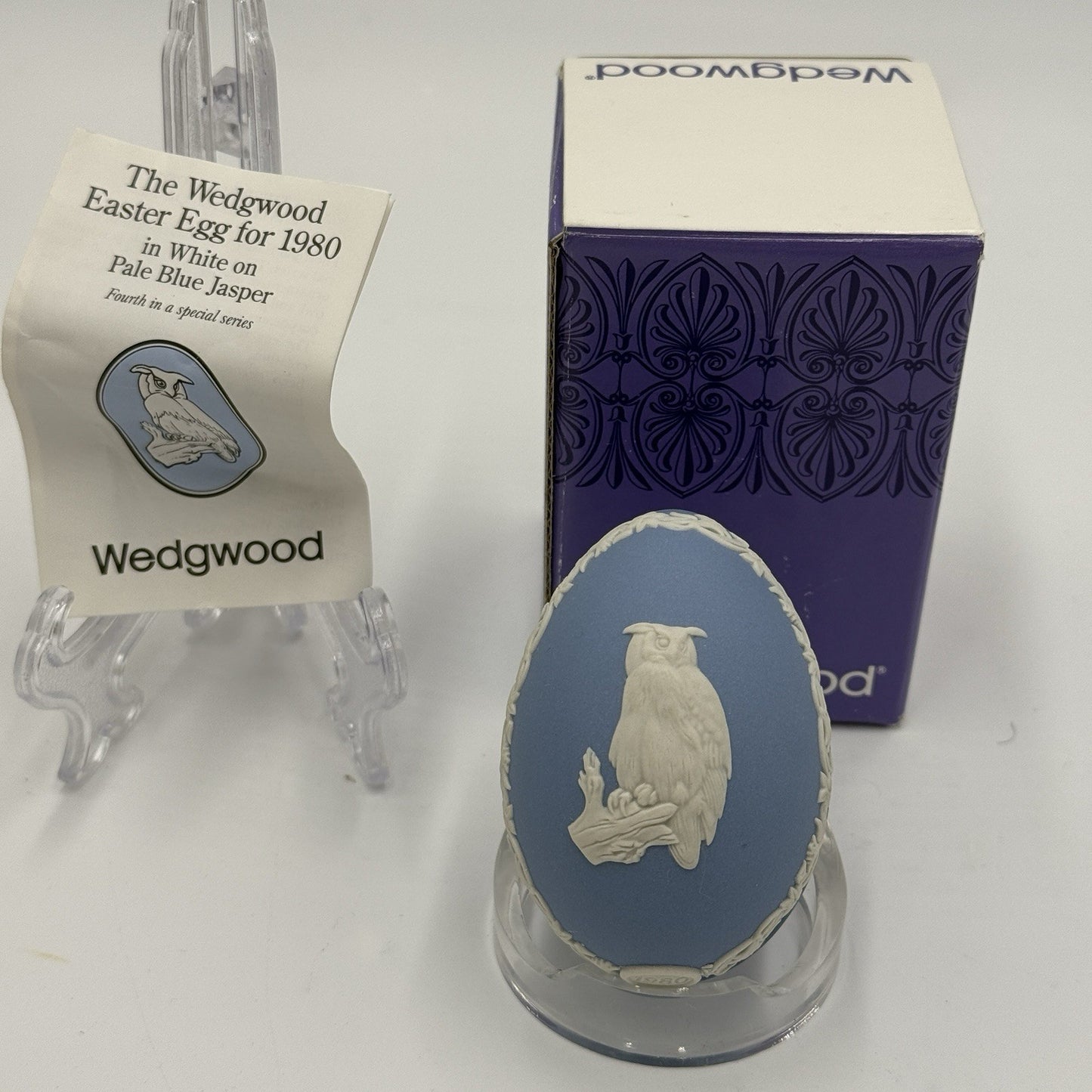 Wedgwood England Easter Egg Owl 1980 Blue Jasperware Original Box/Papers