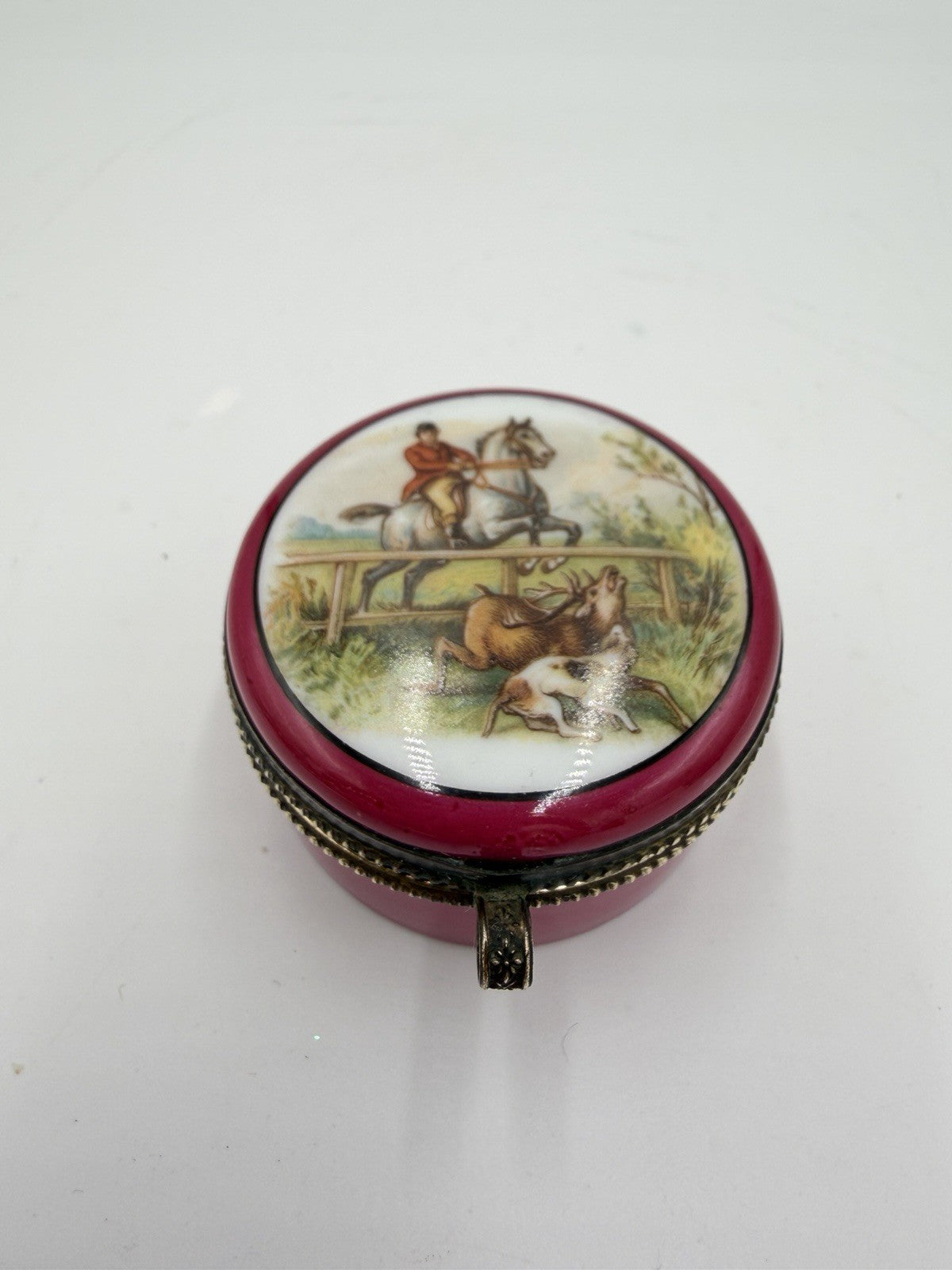 Rare Antique Czechoslovakian Painted PorcelainTrinket Box Equestrian hunt scene