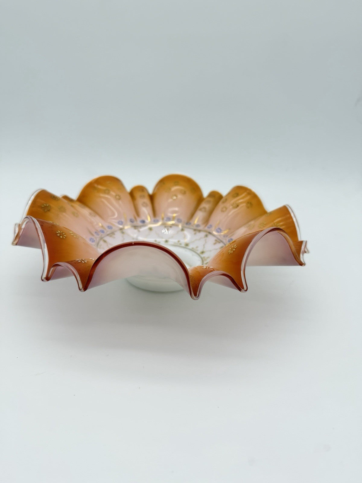 Antique Victorian Wedding Bride Art Glass Peach Ruffled Floral Hand Painted Bowl