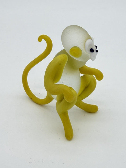 Vintage Hand Blown Art Glass Monkey Yellow White Frosted Figurine 2.5”H