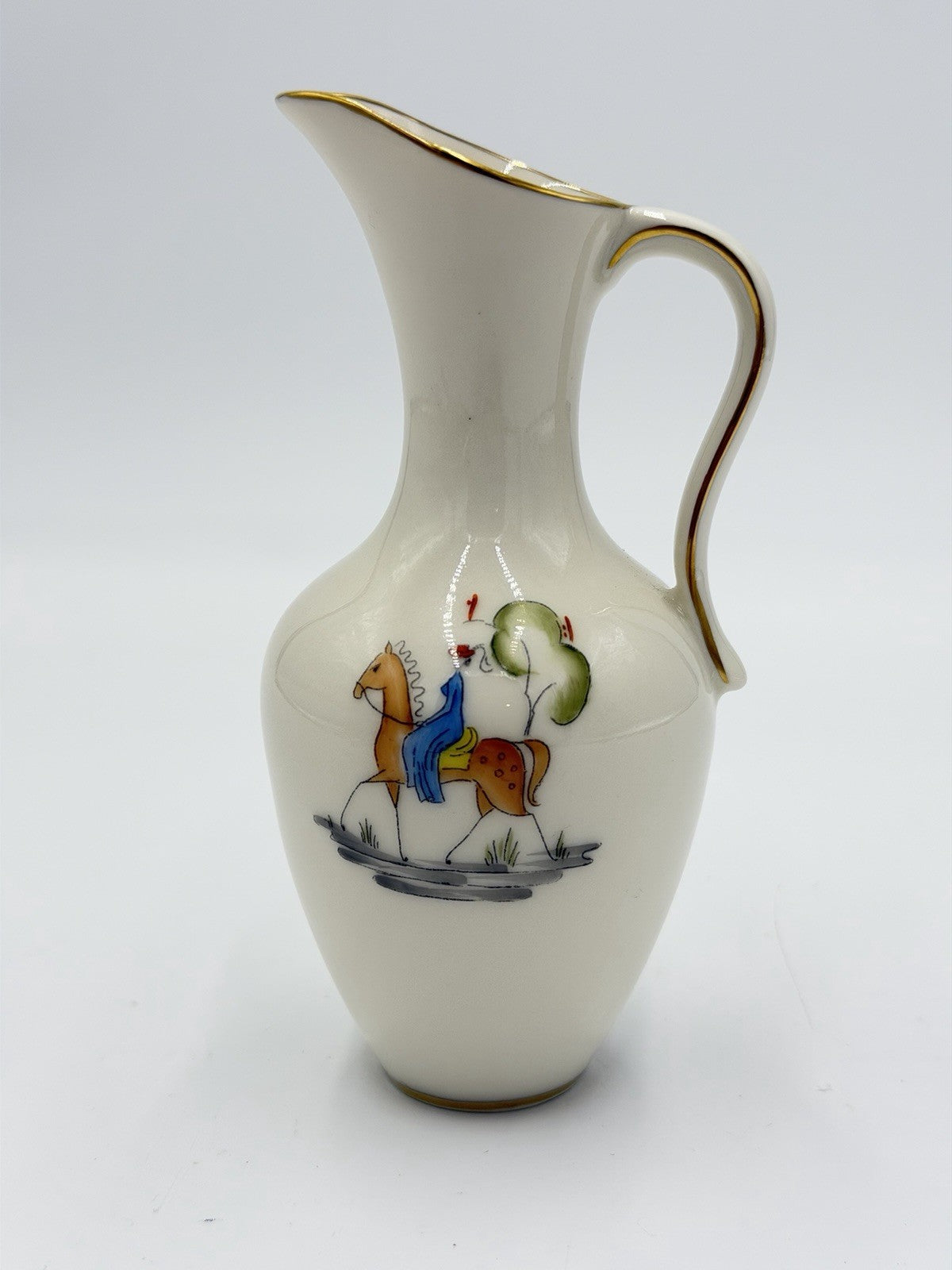 Vintage Lindner Porcelain Kueps Bavaria Germany Pitcher 5” Horseback Ride
