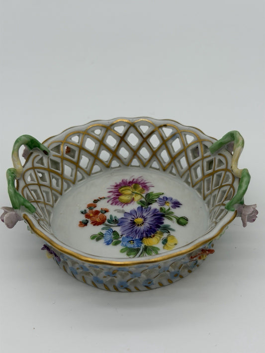 Antique Dresden Carl Thieme Pierced Reticulated Porcelain Floral Basket Dish Min