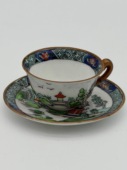 Crown STAFFORDSHIRE Chinese Willow MINIATURE Cup & Saucer Set Painted