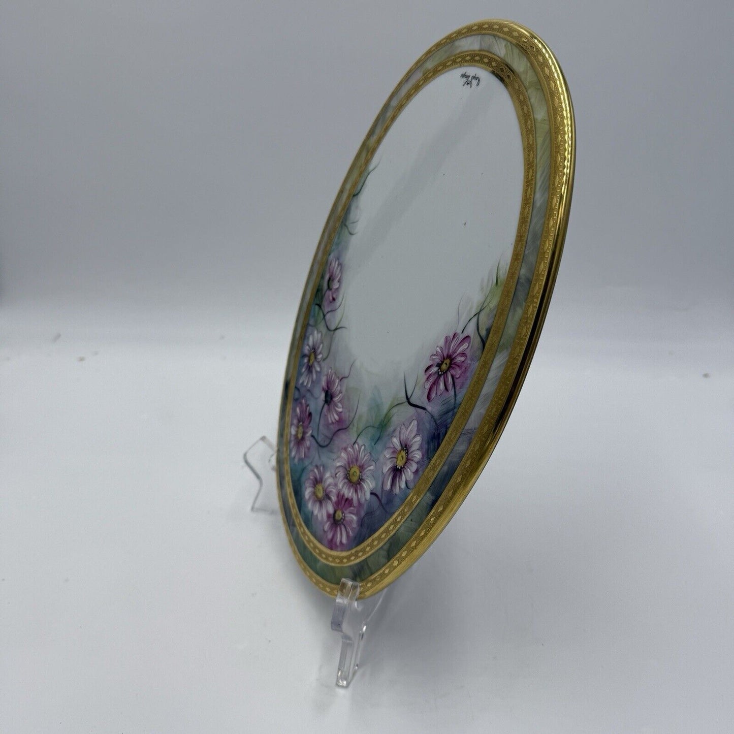 Royal Limoges France Painted Oval Floral Plaque Pink Gold Rim 12”x9” Porcelain