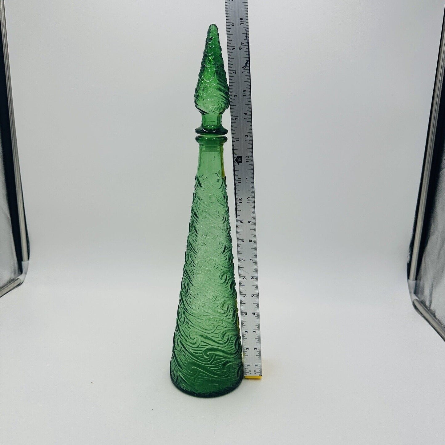 Empoli Glass Decanter Green Wave Italy Stopper 18in H Vintage Mid Century Modern