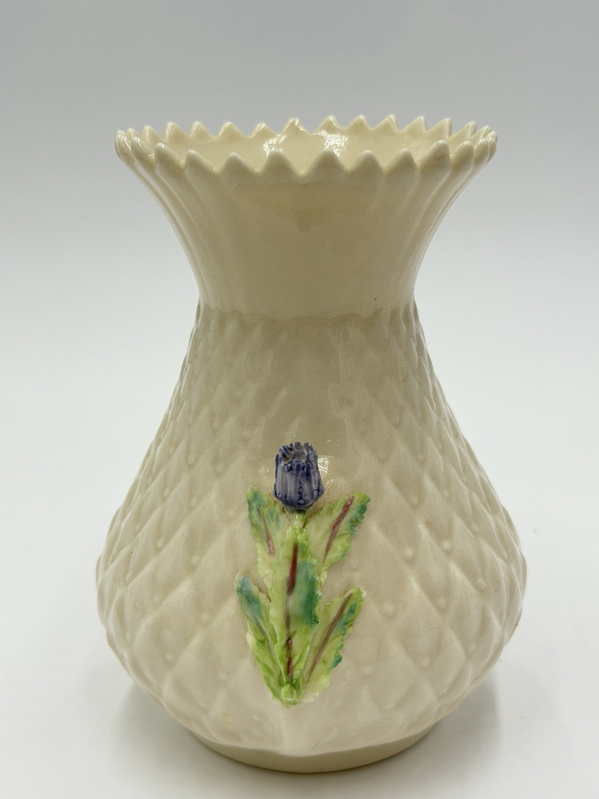 Vintage Belleek Irish Pottery 7th Gold Brown Stamp porcelain thistle vase 5.5” I