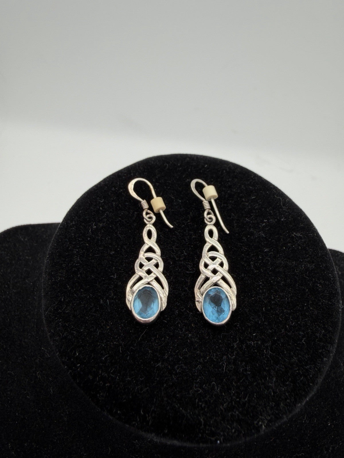 Vintage Sterling Silver & Blue Topaz Scottish Celtic Drop Dangle Earrings