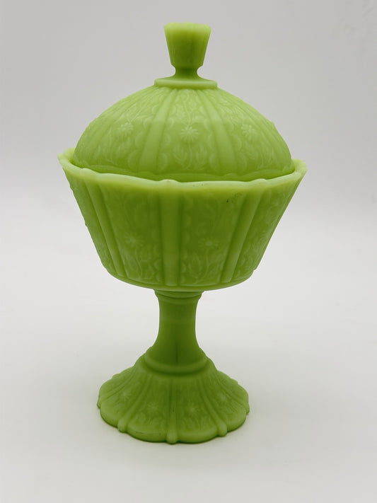 Fenton Art Glass Lime Green Satin Custard Compote Candy Dish Daisy Uranium 9”