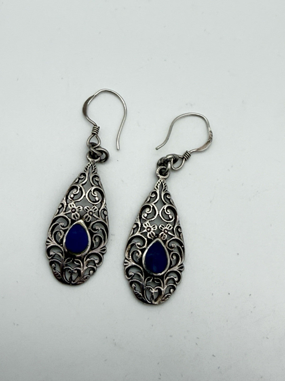 Sterling Silver Filigree with Blue Accent Stone Dangle Earrings