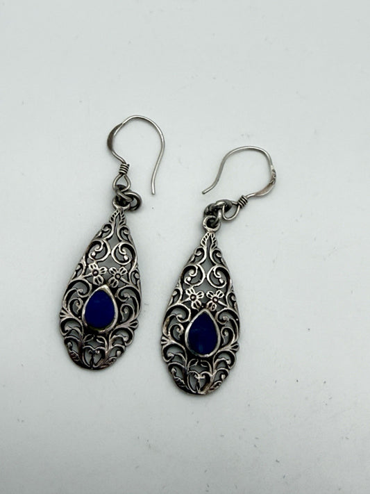 Sterling Silver Filigree with Blue Accent Stone Dangle Earrings