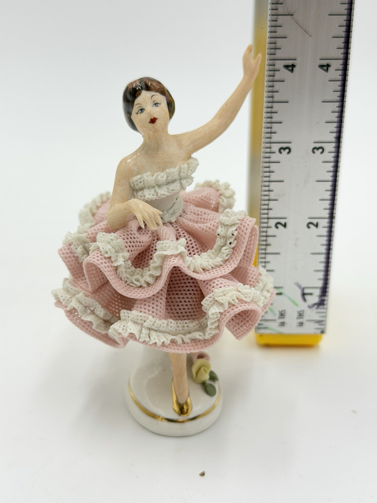 Vintage Karl Klette Dresden Porcelain Ballerina Pink Lace Dress Figurine 4”H
