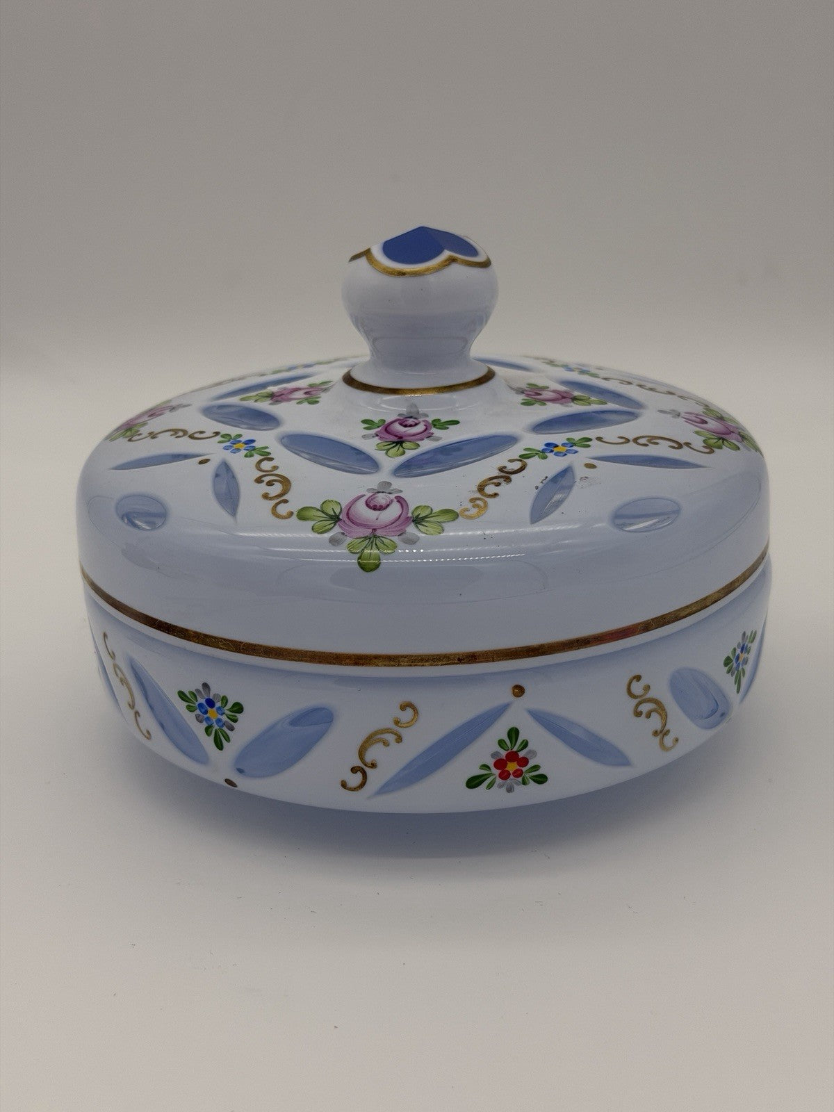 Czech Bohemian Baby Blue Cased to Blue Art Glass Lidded Candy Dish Large 6”x5”