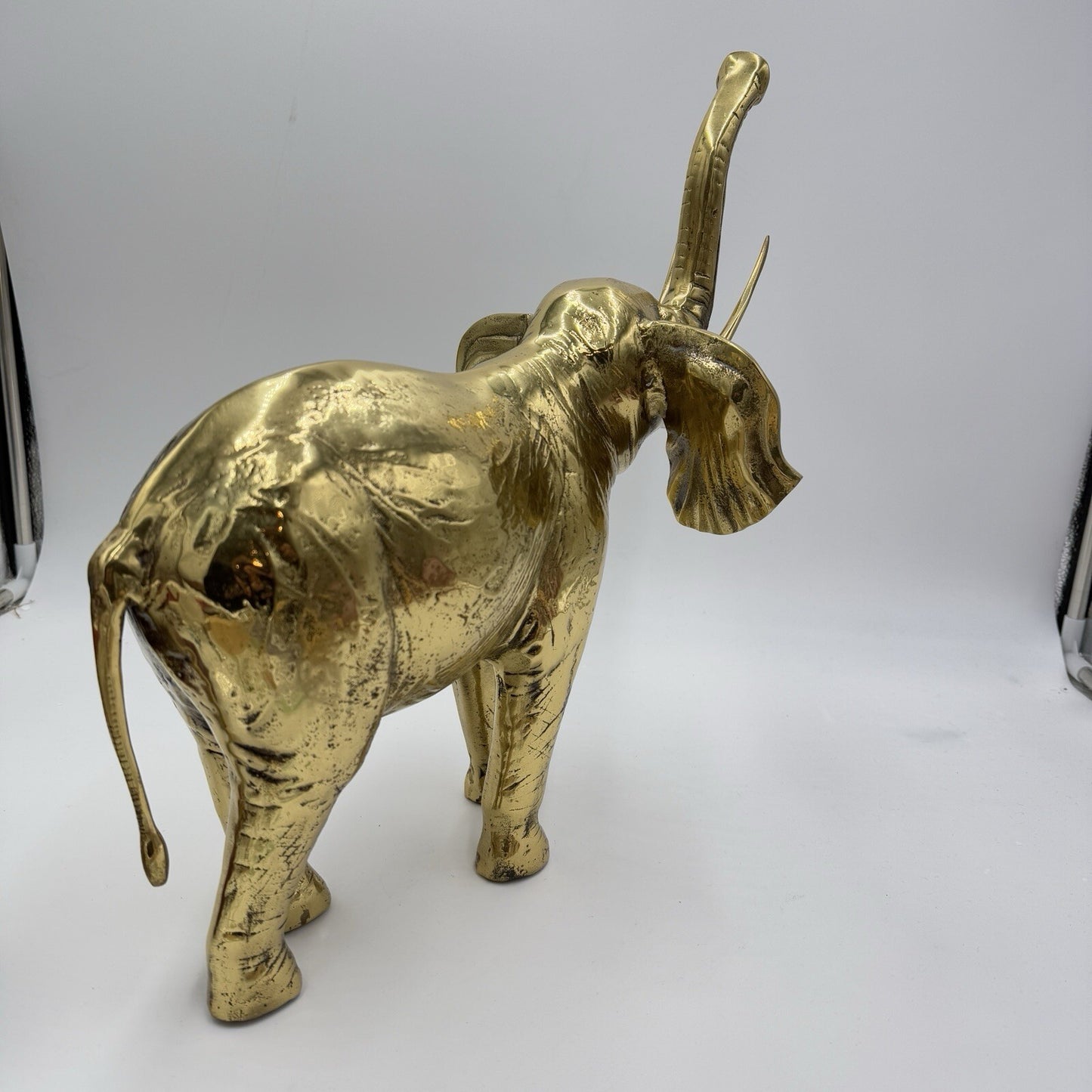 Solid Brass Elephant Sculpture Large 15” Tall Trunk Up Made In Korea Gold Heavy