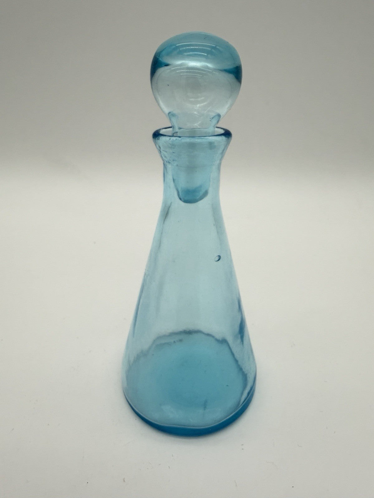 MCM Teal Blue Art Glass Decanter w/Stopper Hand Blown Genie Bottle 6”