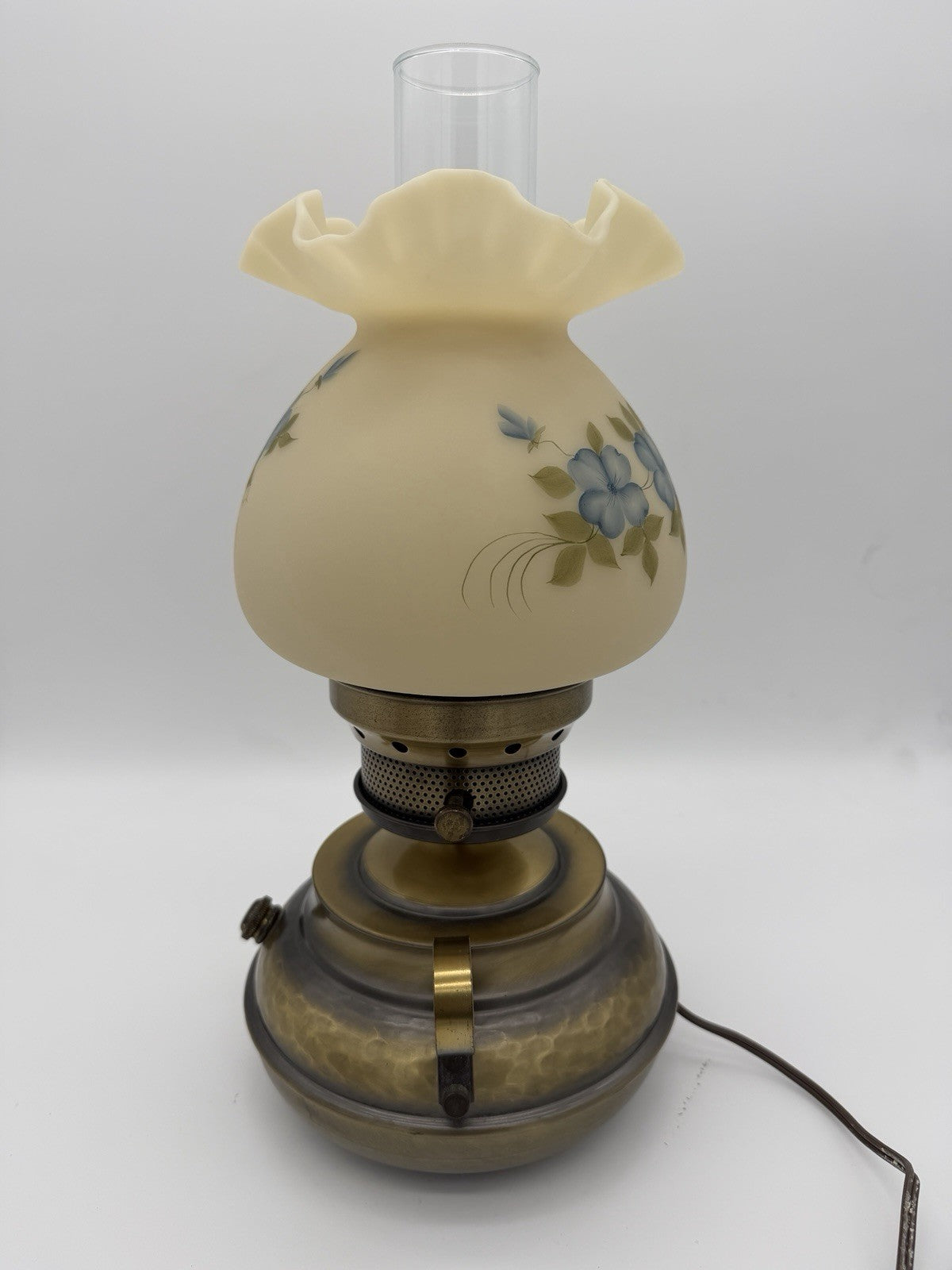 Fenton Art Glass Blue Floral Dogwood Cameo Satin Hammered Colonial Lamp Rare Vtg