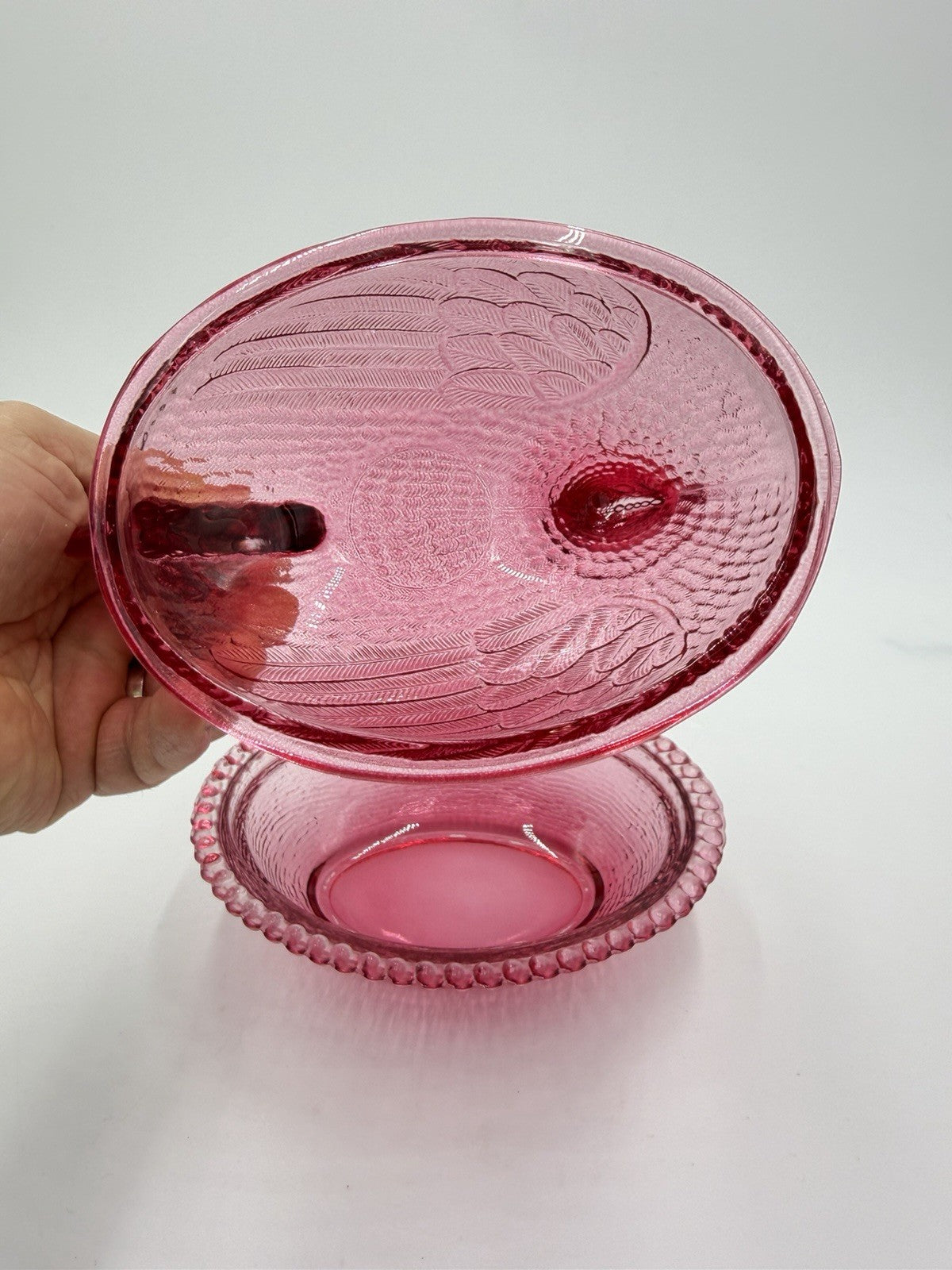 Vintage Indiana Art Glass Chicken /Hen on Nest Covered Dish Cranberry USA Rare