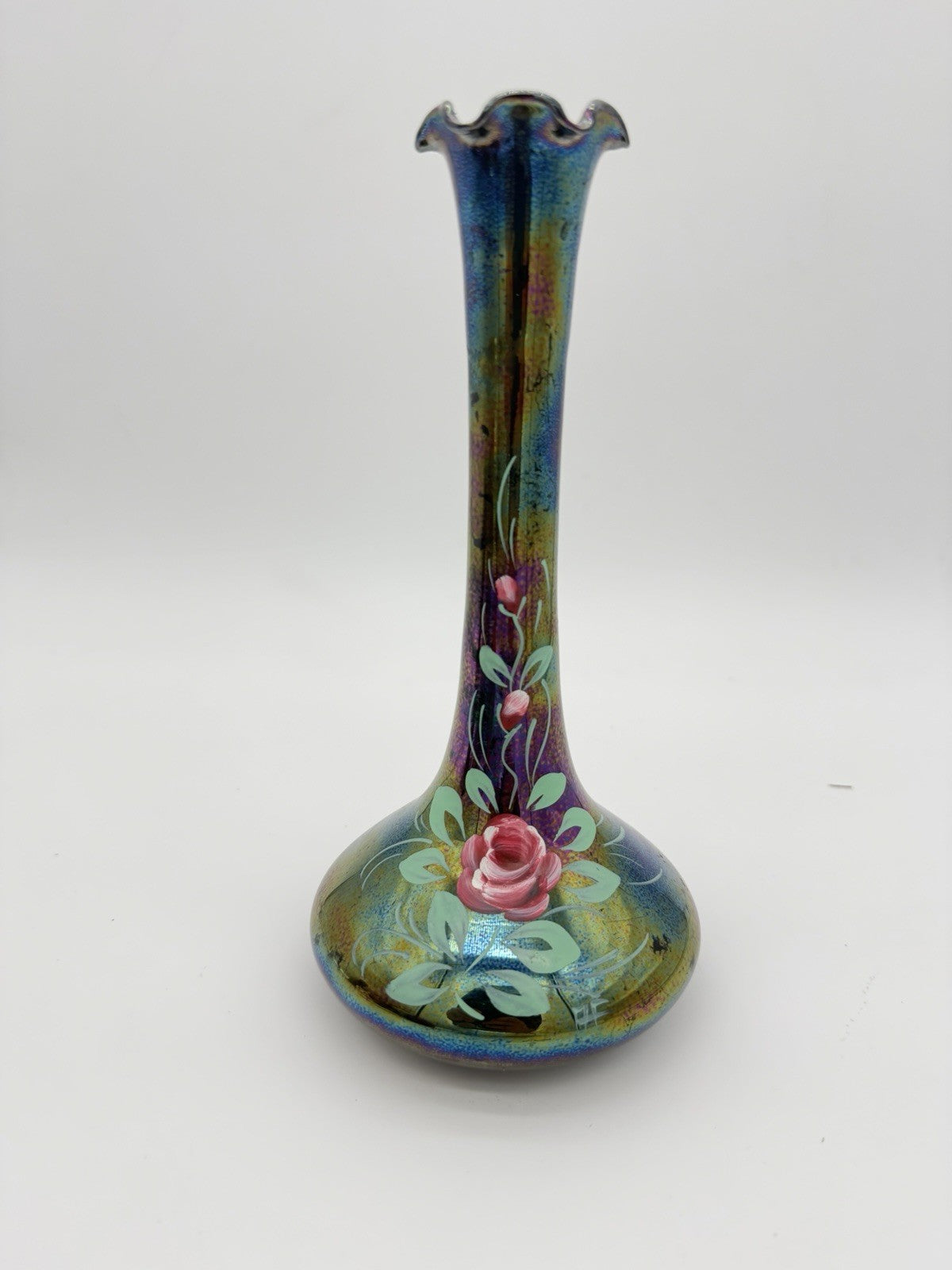 Vintage Art Nouveau Iridescent Art Glass Painted Rose Signed Vase 9”H