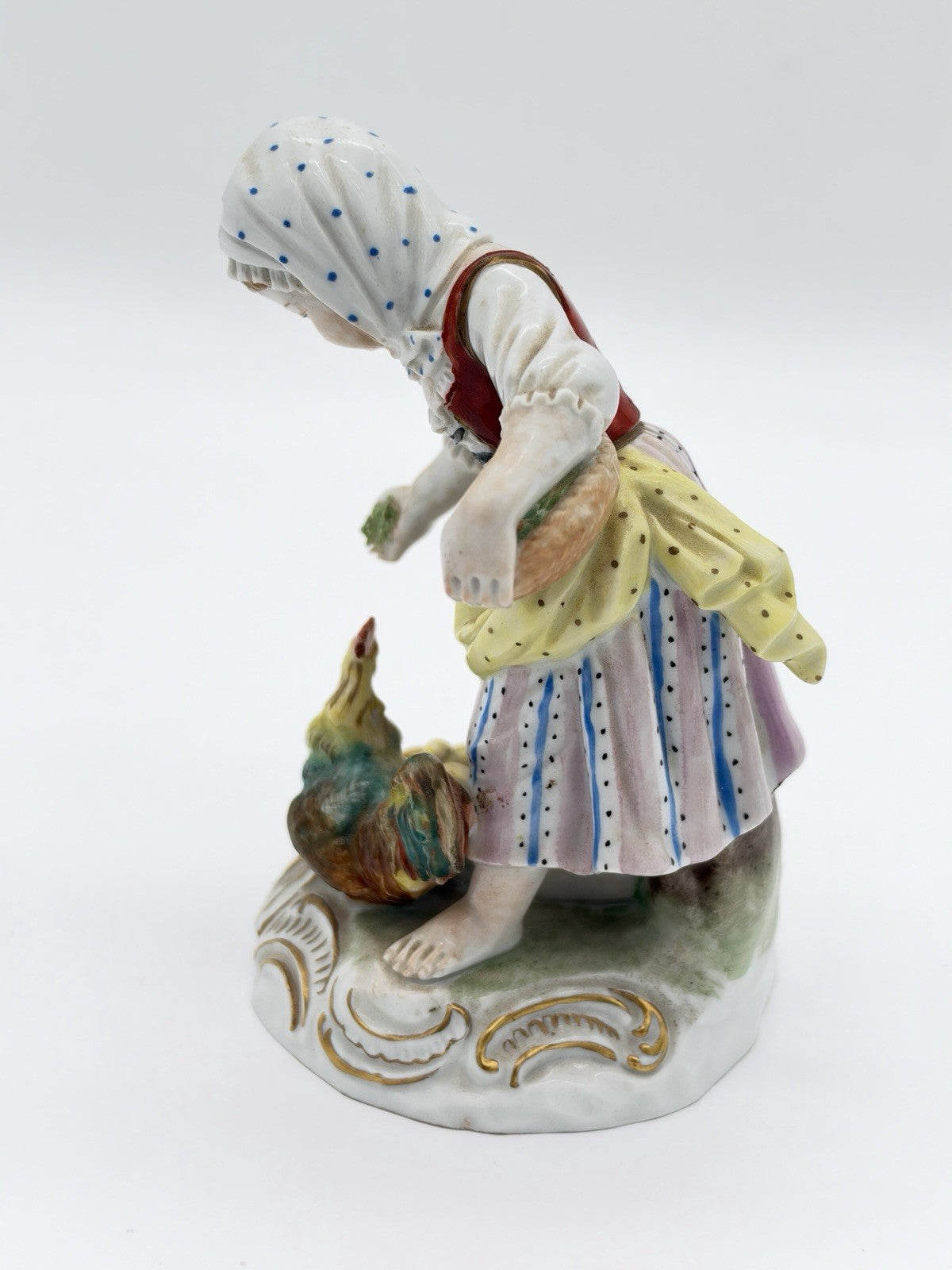 Antique Carl Thieme Dresden Germany Porcelain Painted Girl Feeding Chicken Figur