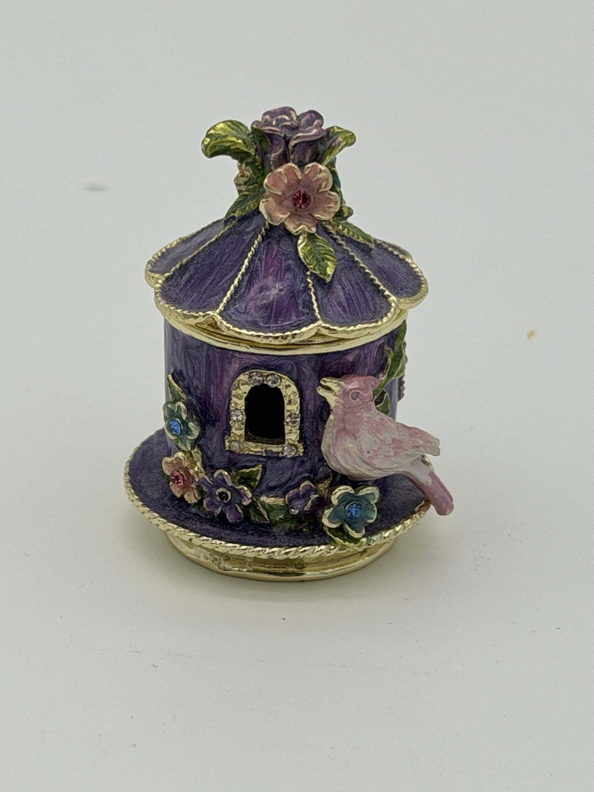 Enamel Purple Gold Gilt Birdhouse Trinket Box Jewelry Box Pink Purple Metal 2”