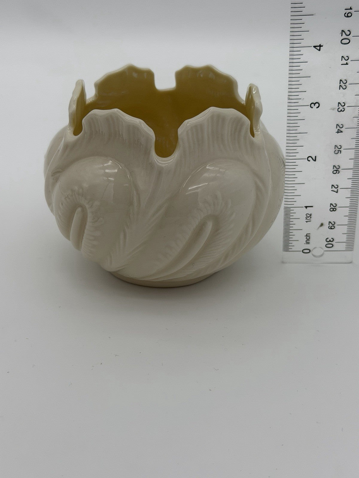 Belleek Ireland Porcelain Cabbage Leaf Planter Vase Yellow Luster  3 1/2” Vtg