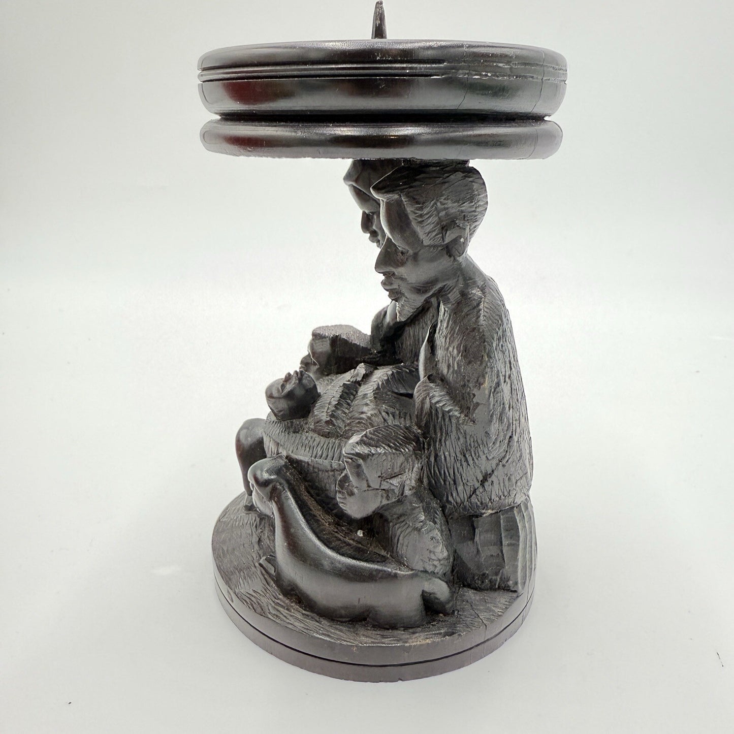 Vintage hand Carved Ebony Wood Nativity Candle Holder Solid Folk Art 6.5in