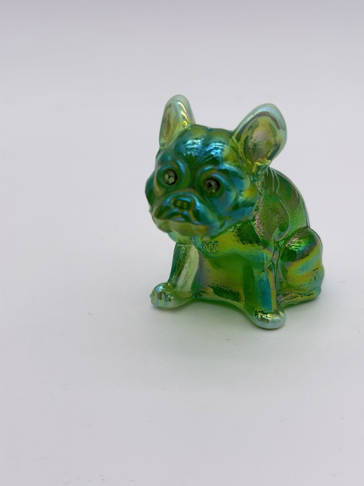 Westmoreland Art Glass Green Iridescent French Bulldog Dog Figurine 2.5”H Mint