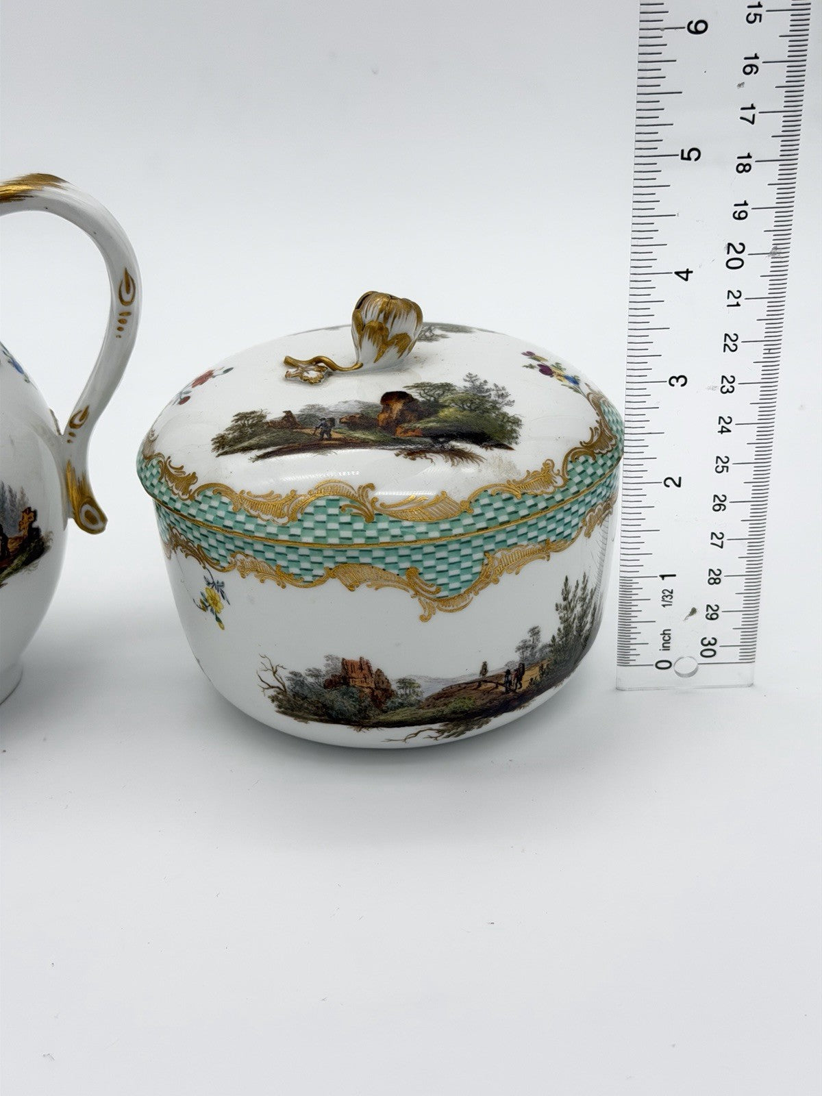 Rare Meissen C.1720 Porcelain Painted Country Scene Milk Jug & Sugar Bowl Antiqu