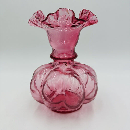 Fenton Vase Art Glass Cranberry Mellon Ruffled Vintage Pink USA Home Decor 8 in