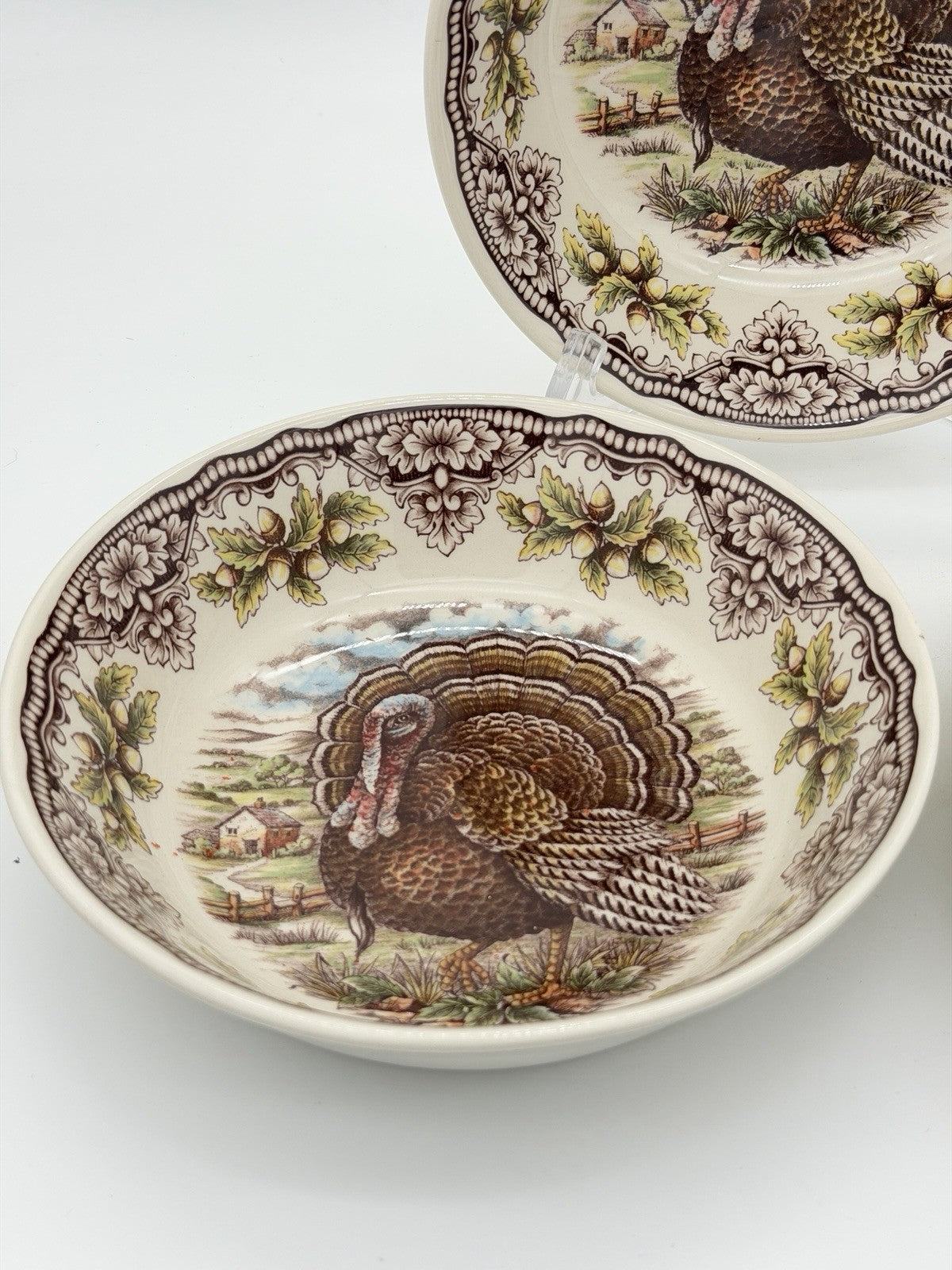 Victorian English Pottery Turkey Bowls Dinnerware Fall Thanksgiving 7”set 3 PCs