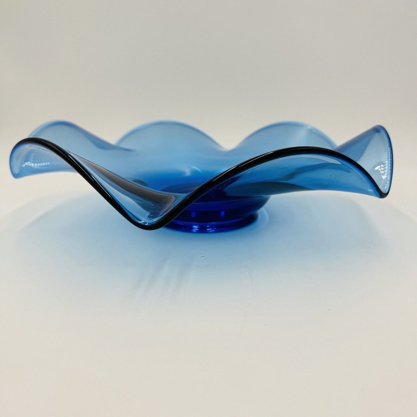 Viking Art Glass Bluenique Blue Ruffled 6 Petals Bowl 3in x 12in Rare MCM