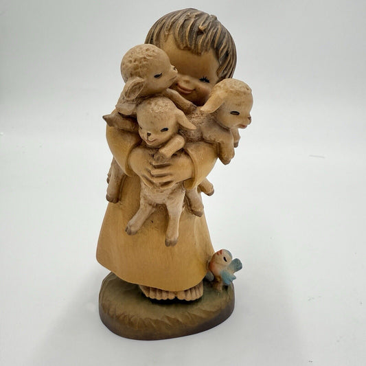 Vtg ANRI FERRANDIZ 5” Wood Carved Figurine Spring Arrivals Girl W/lambs Italy