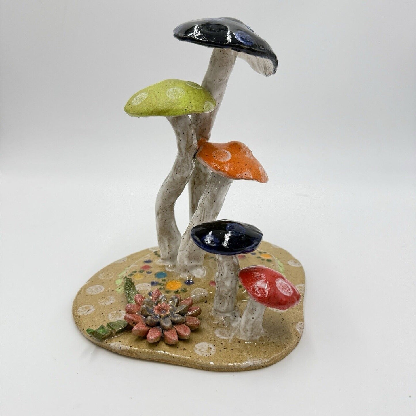 KD Signed Art Pottery Mushrooms Sculpture Studio Crafted Vintage Ceramic Painted