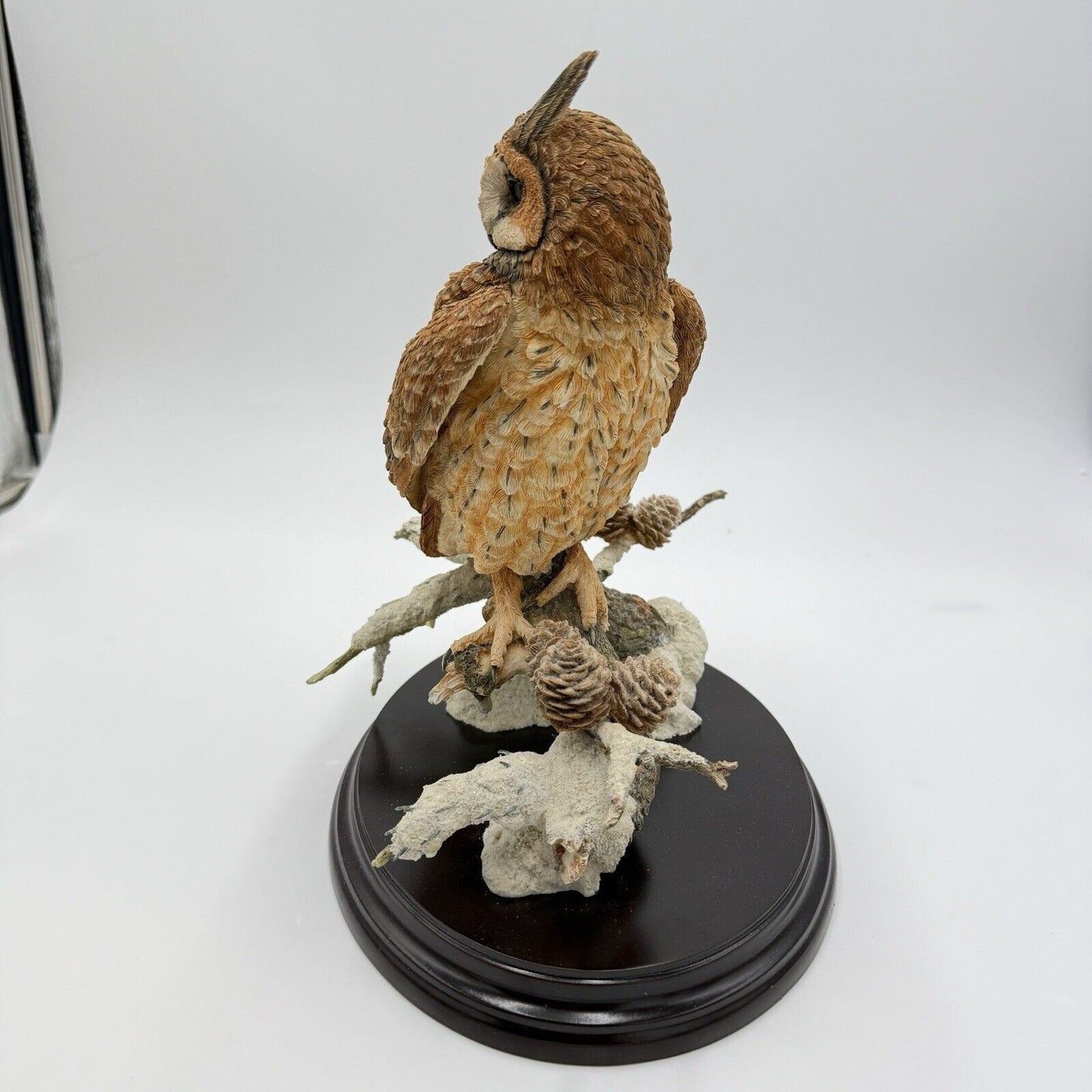 Large Country Artist Long Eared Owl Painted On Wooden Base 2002 Rare 11”H