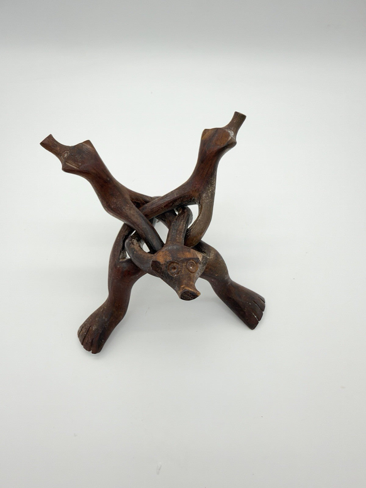 20th Century Boho Chic Hand Carved Wood Bowl Stand Snake Head 5”H
