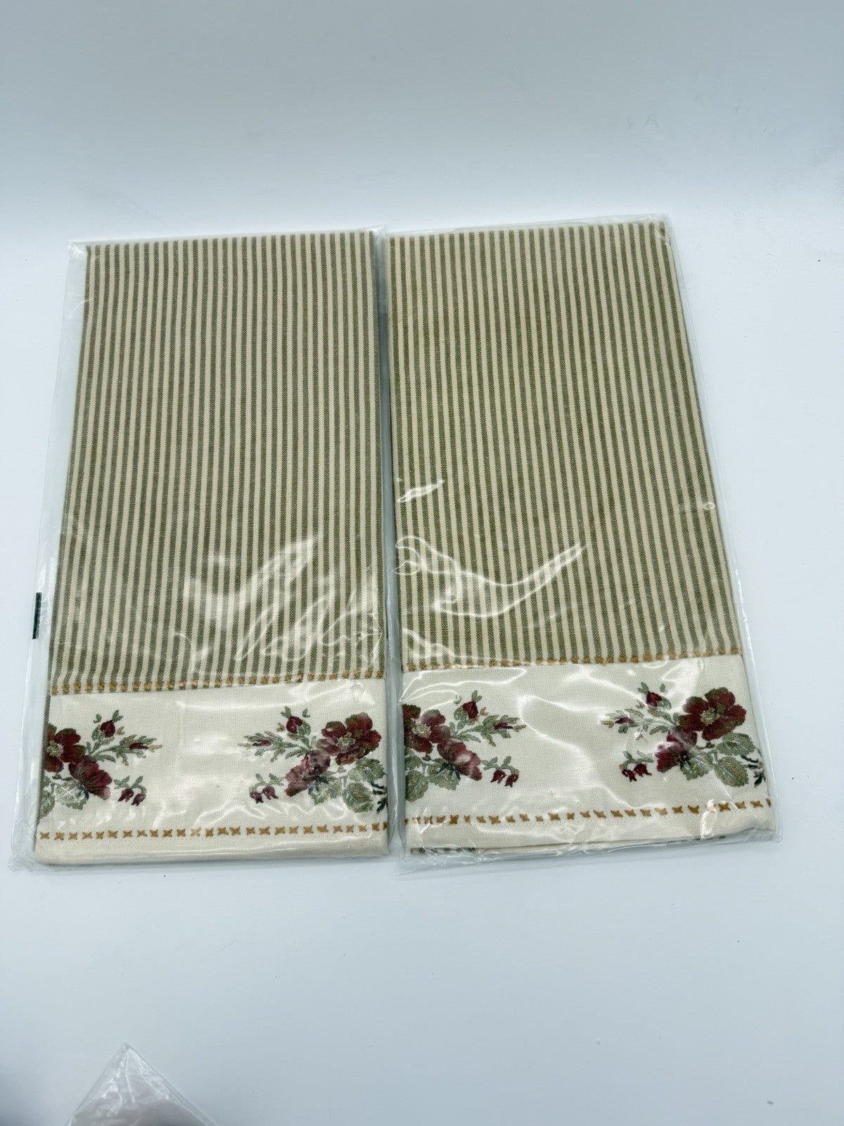 Pottery barn stripe embroidered floral kitchen towel Cotton Beige Flowers Set 2