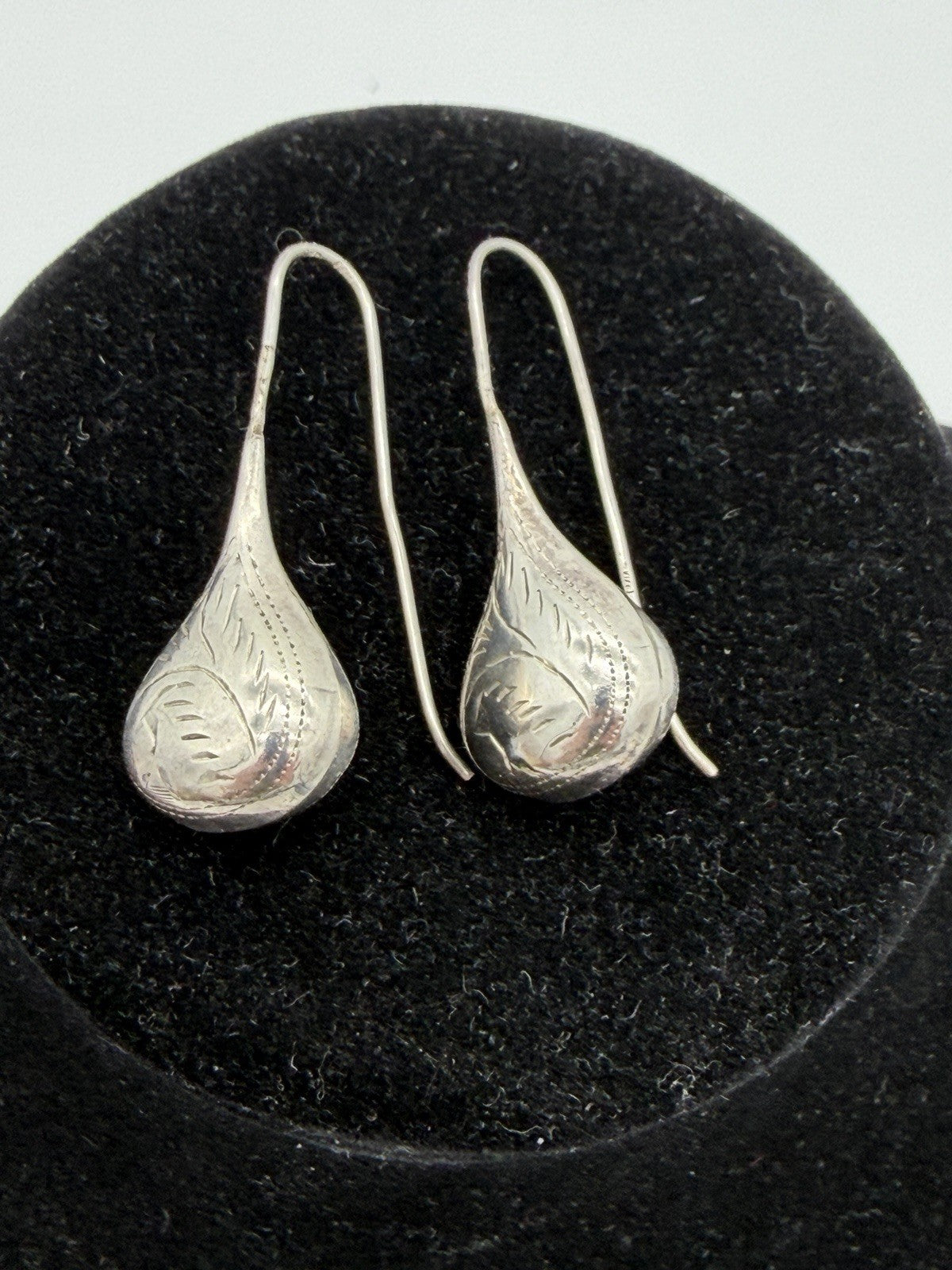 Sterling Silver Earrings Etched Leaf Feather Puffed Teardrop Raindrop Threader