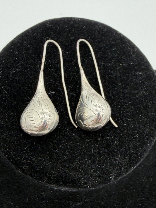 Sterling Silver Earrings Etched Leaf Feather Puffed Teardrop Raindrop Threader