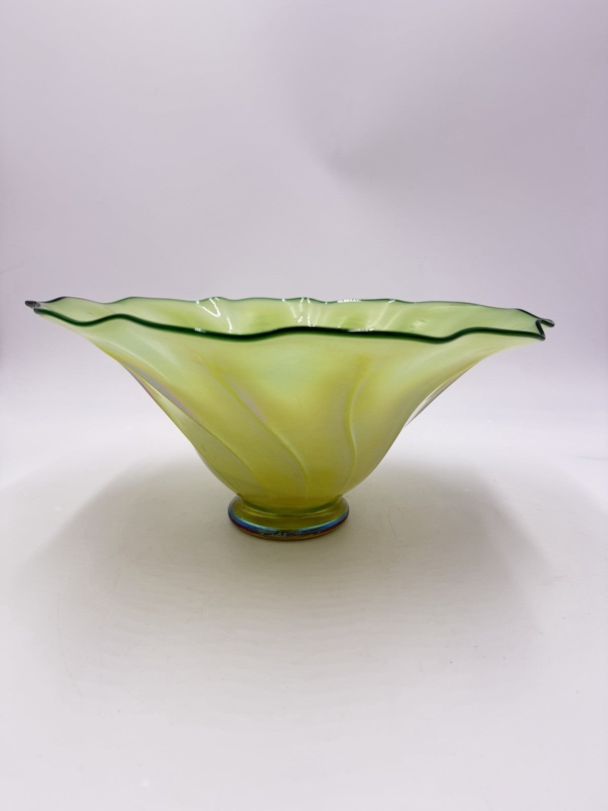 Rick Strini Art Glass Signed Green Lime Iridescent Swirl Bowl 2001 5.5”Hx12”W