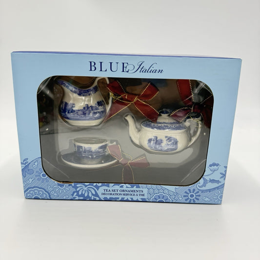 Spode Blue Italian English Tea Set Christmas Ornaments NIB Porcelain Miniature