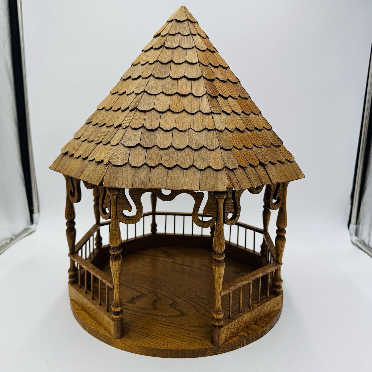 Large Folk Art Solid Wood Gazebo Bird feeder Vintage 1970s 18”x 14” Ornate Carve