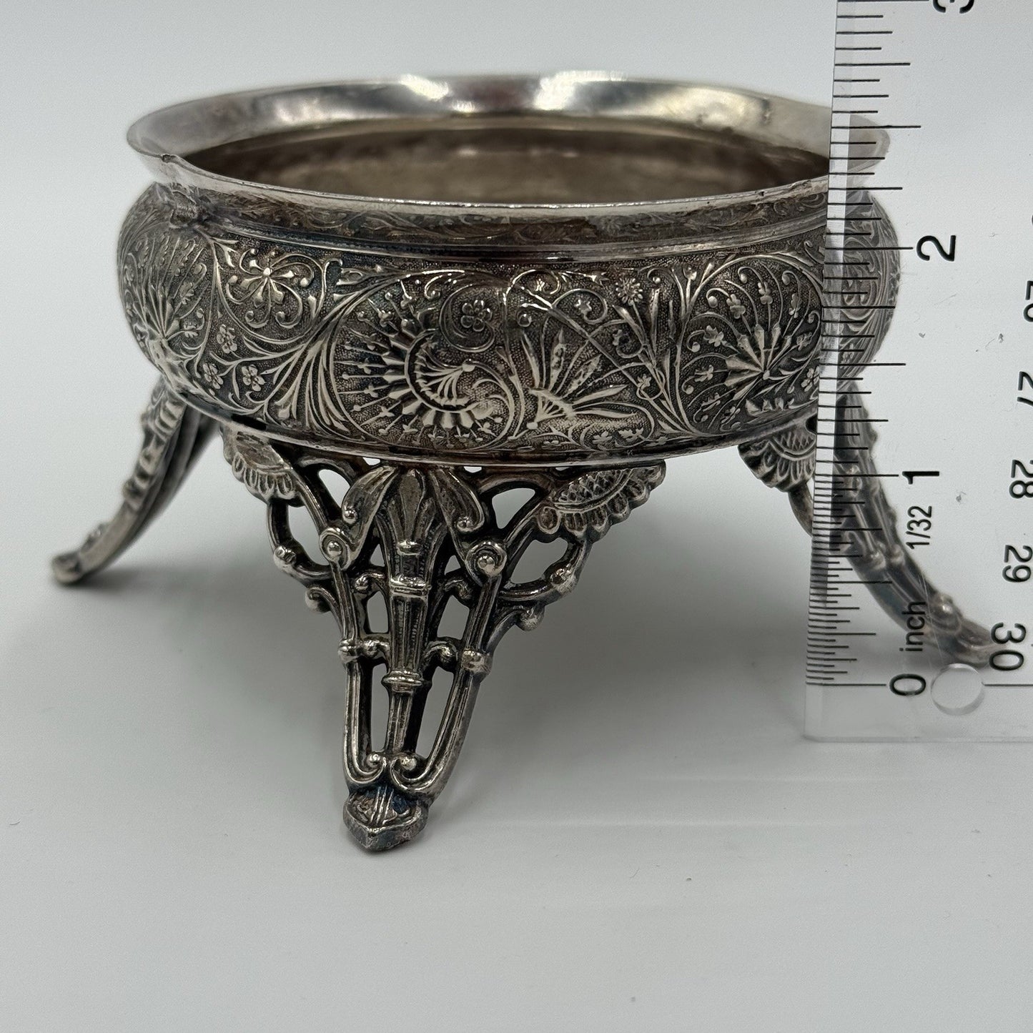 Antique Racine.SP. CO Silver Plate Salt Cellar Ornate Four Legs Rare 2.3”x 3.3”