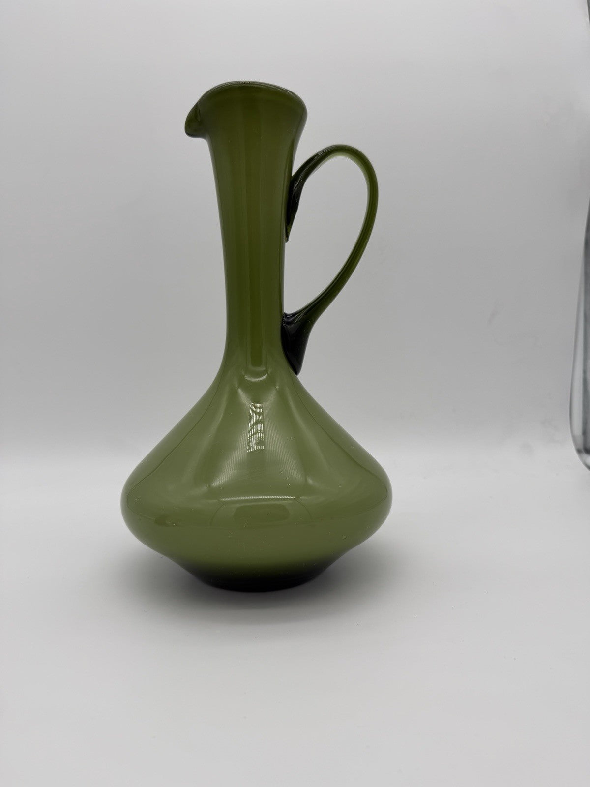 MCM Empoli Italy Olive Green Cased Art Glass Ewer Pitcher Wine Bottle Italy 12”