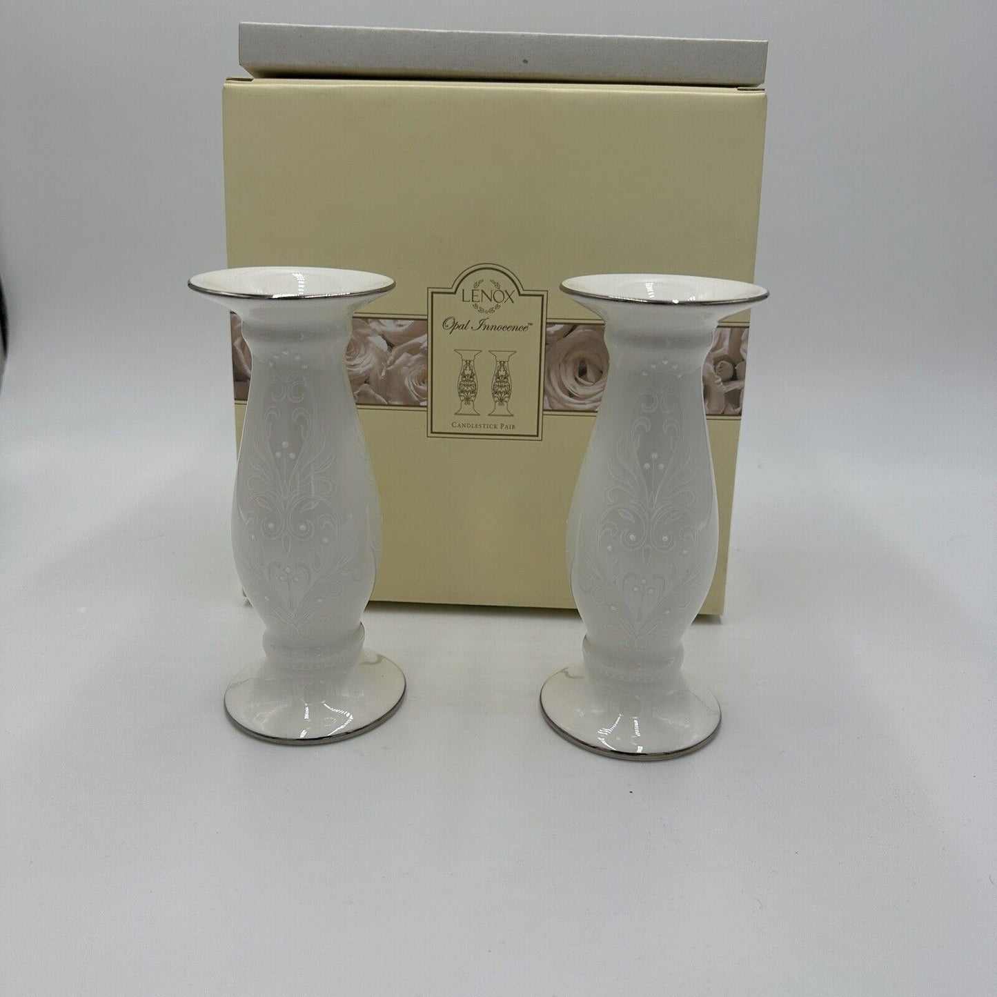 Lenox Candlesticks Set Table Decor Home Dining Porcelain White Opal Innocence