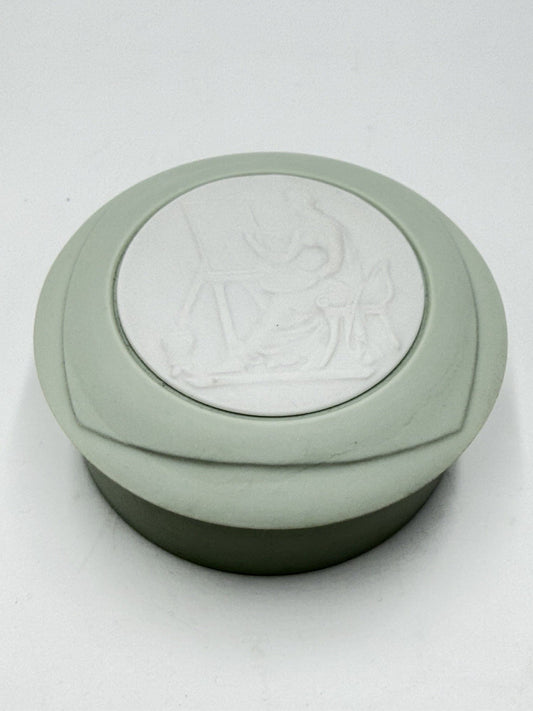 Limoges France Tharaud Green Jasperware White Embossed Cameo Trinket Box
