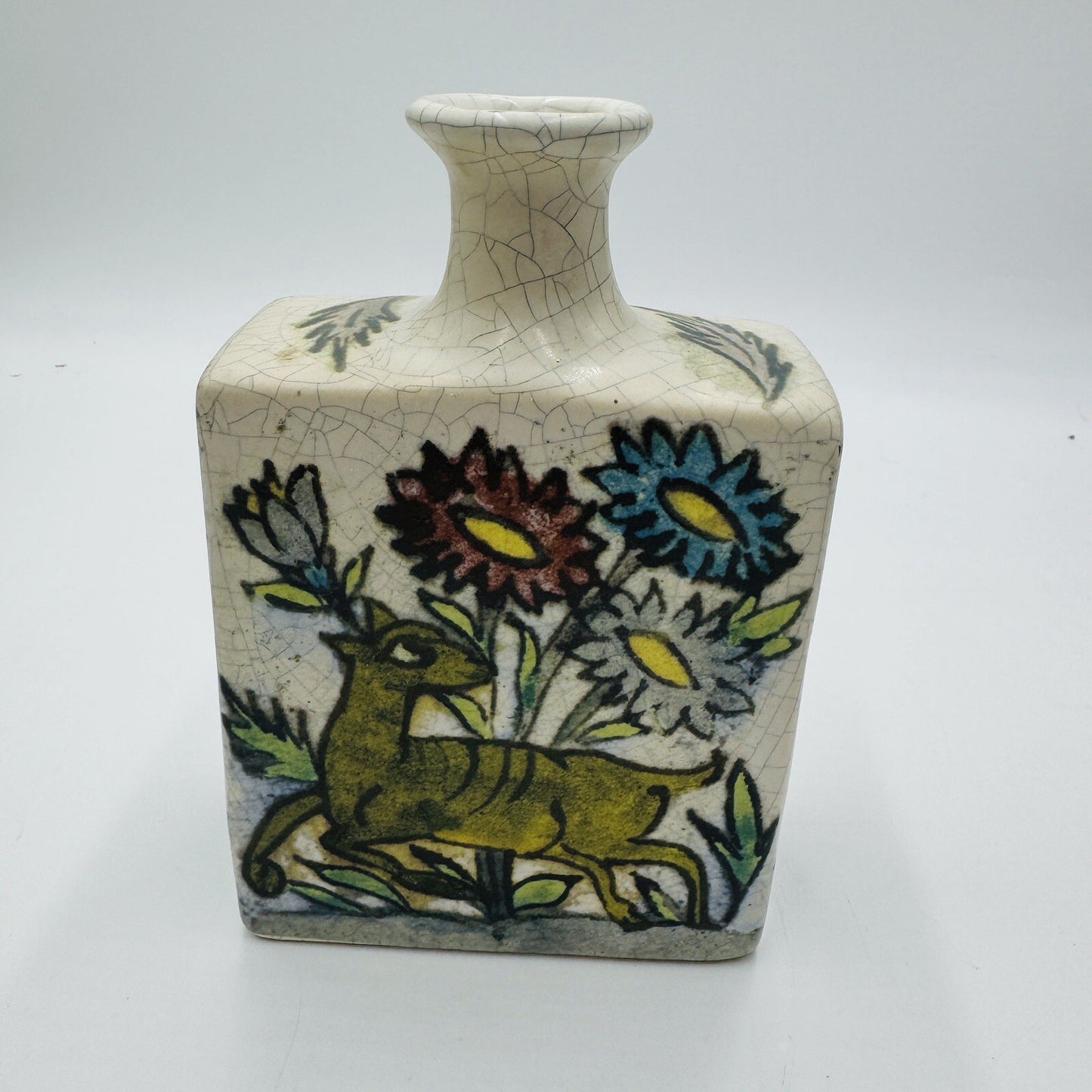 Pottery Barn Ikat Crackled Flower Vase Floral Birds 7” Original PB Sticker